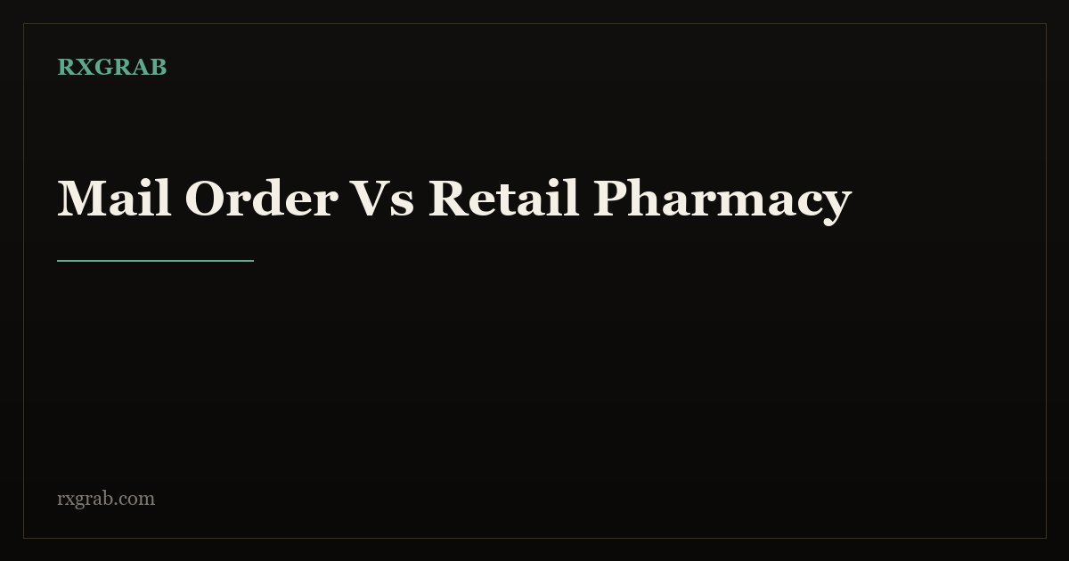 A mail-order prescription delivery box beside a retail pharmacy pickup bag